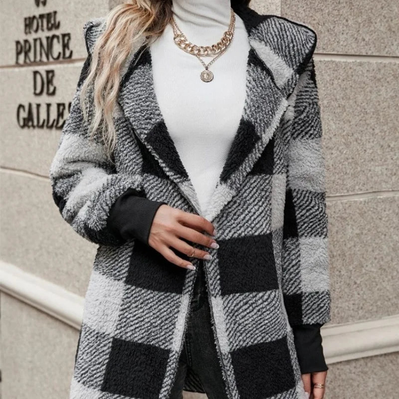 Women Autumn Winter Double Fleece Plaid Cardigan Soft Loose Long Sleeve Plush Warm Hooded Jacket