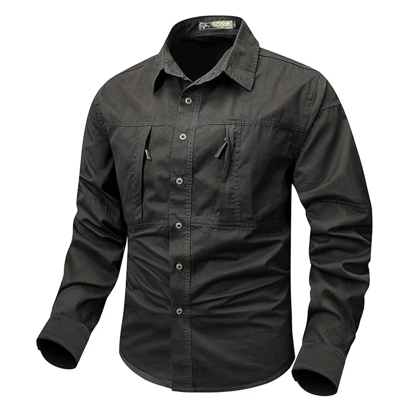 Retro Workwear Men's Long Sleeved Shirt Pocket Design