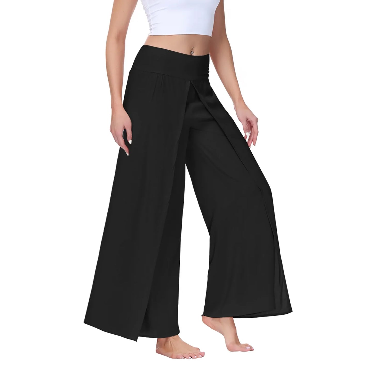 Women High Waisted Elastic Pleated Flare Palazzo Pants