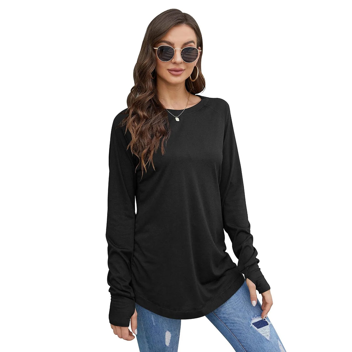 Women's T-Shirt Solid Round Neck Loose Long Sleeve Top