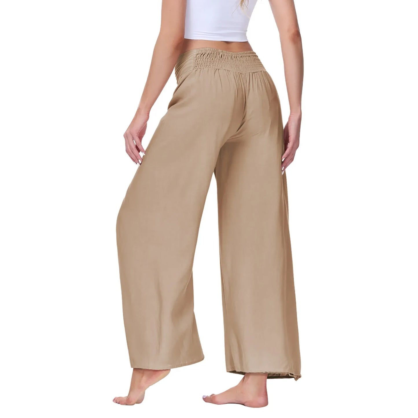 Women High Waisted Elastic Pleated Flare Palazzo Pants