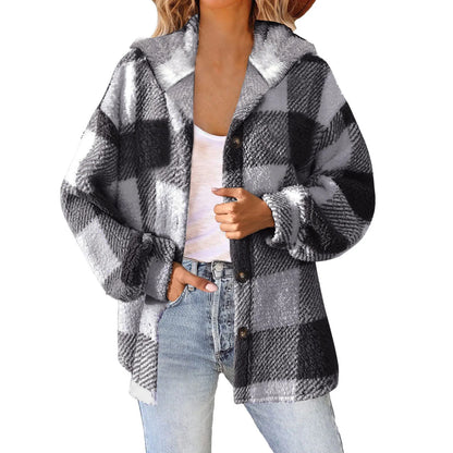 Plaid Print Women Hooded Plush Jacket Winter Cozy Coat