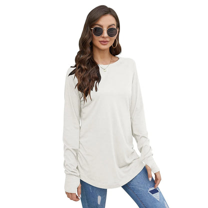 Women's T-Shirt Solid Round Neck Loose Long Sleeve Top