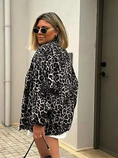 Leopard Printed Jacket Women Turn-down Collar Full Sleeve Zipper