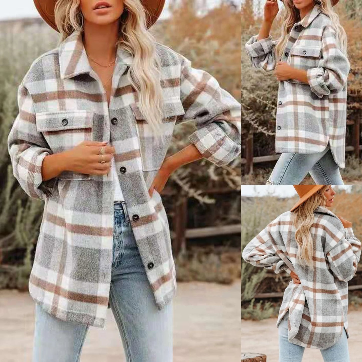 Fall Winter Women's Flannel Plaid Shacket Jacket with Pockets