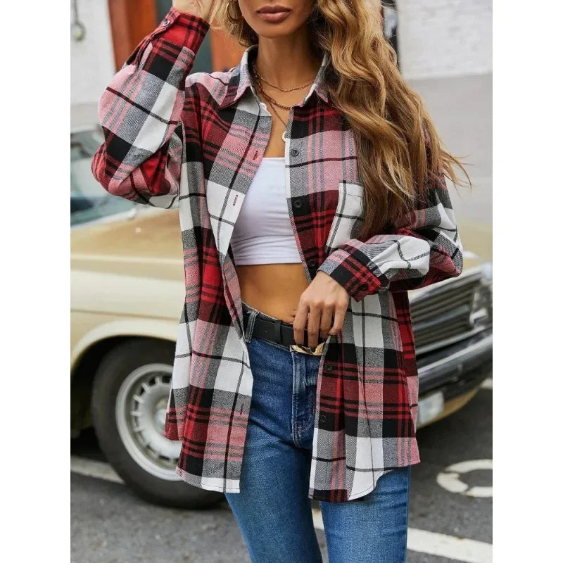 New Style Long-sleeved Plaid Women's Shirt Fashionable Design