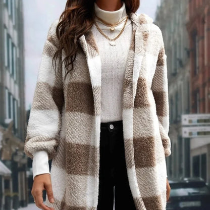 Women Autumn Winter Double Fleece Plaid Cardigan Soft Loose Long Sleeve Plush Warm Hooded Jacket