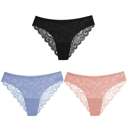 TrowBridge 3PCS Women's Panties Set Soft Silk Satin Lace Underwear