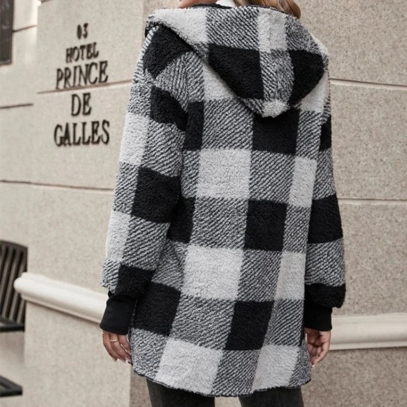 Women Autumn Winter Double Fleece Plaid Cardigan Soft Loose Long Sleeve Plush Warm Hooded Jacket