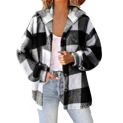 Plaid Print Women Hooded Plush Jacket Winter Cozy Coat