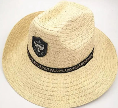 Summer Men Bull Badge Cowboy Straw Sunhat With Rope Fedora