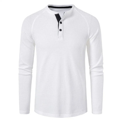 Fashion Waffle Cotton T Shirt Men Slim Fit Long Sleeve Henley