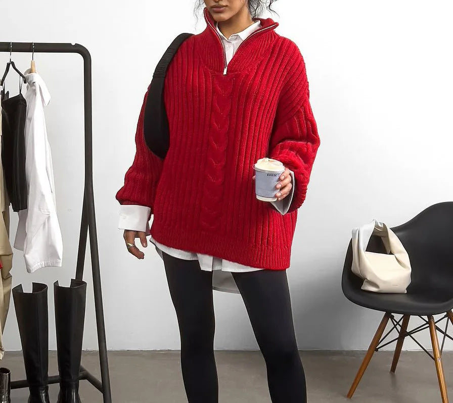 Red Sweater Women Zipper Jacquard Turtleneck Casual Jumper