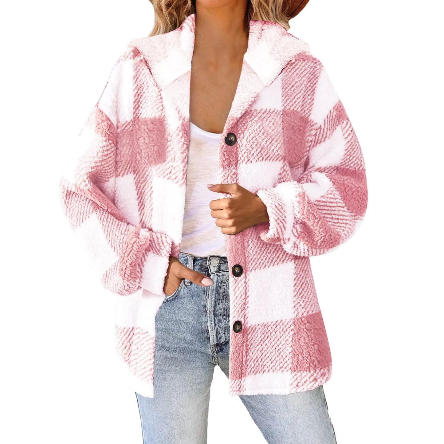 Plaid Print Women Hooded Plush Jacket Winter Cozy Coat