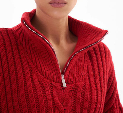 Red Sweater Women Zipper Jacquard Turtleneck Casual Jumper