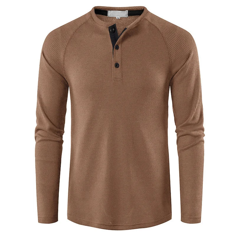 Fashion Waffle Cotton T Shirt Men Slim Fit Long Sleeve Henley