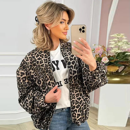 Leopard Printed Jacket Women Turn-down Collar Full Sleeve Zipper