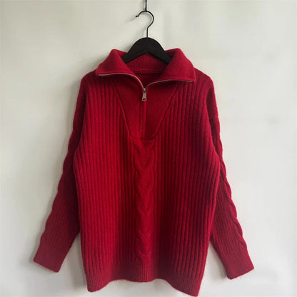 Red Sweater Women Zipper Jacquard Turtleneck Casual Jumper