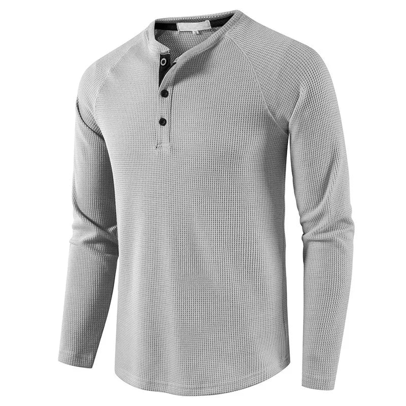 Fashion Waffle Cotton T Shirt Men Slim Fit Long Sleeve Henley