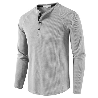 Fashion Waffle Cotton T Shirt Men Slim Fit Long Sleeve Henley