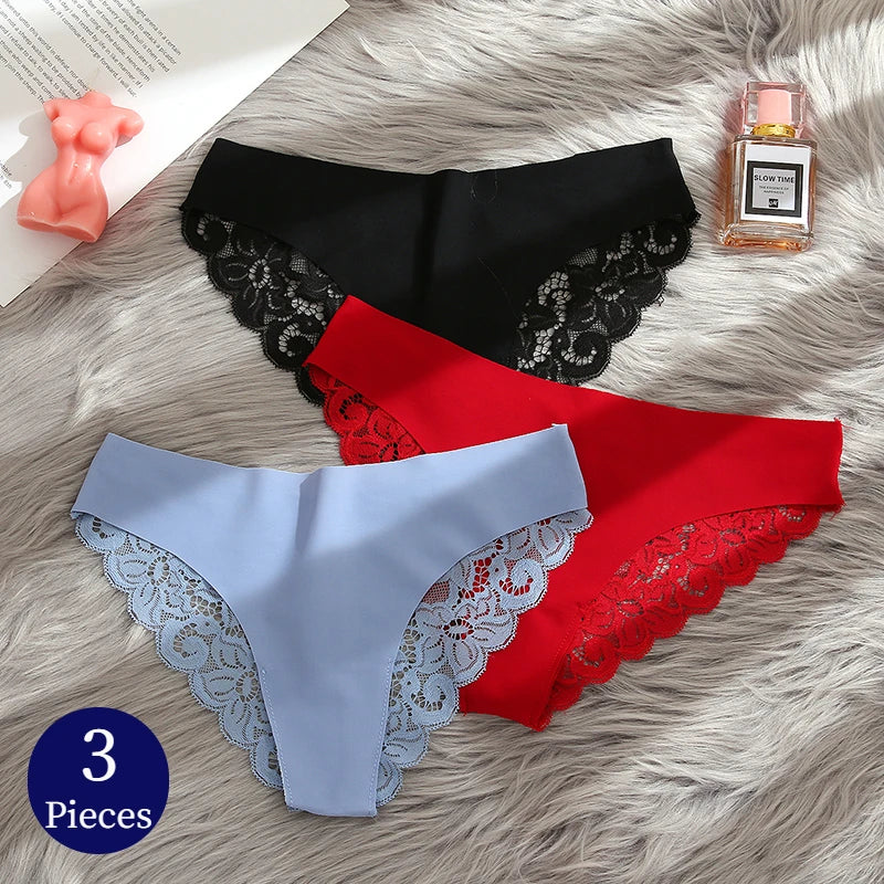 TrowBridge 3PCS Women's Panties Set Soft Silk Satin Lace Underwear