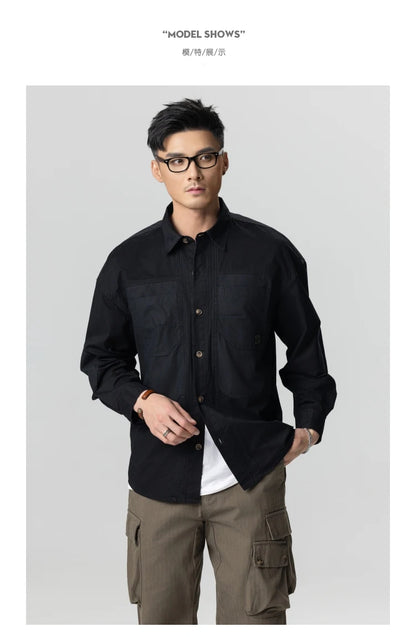 Men American Retro Splice Pure Cotton Casual Long Sleeve Shirt