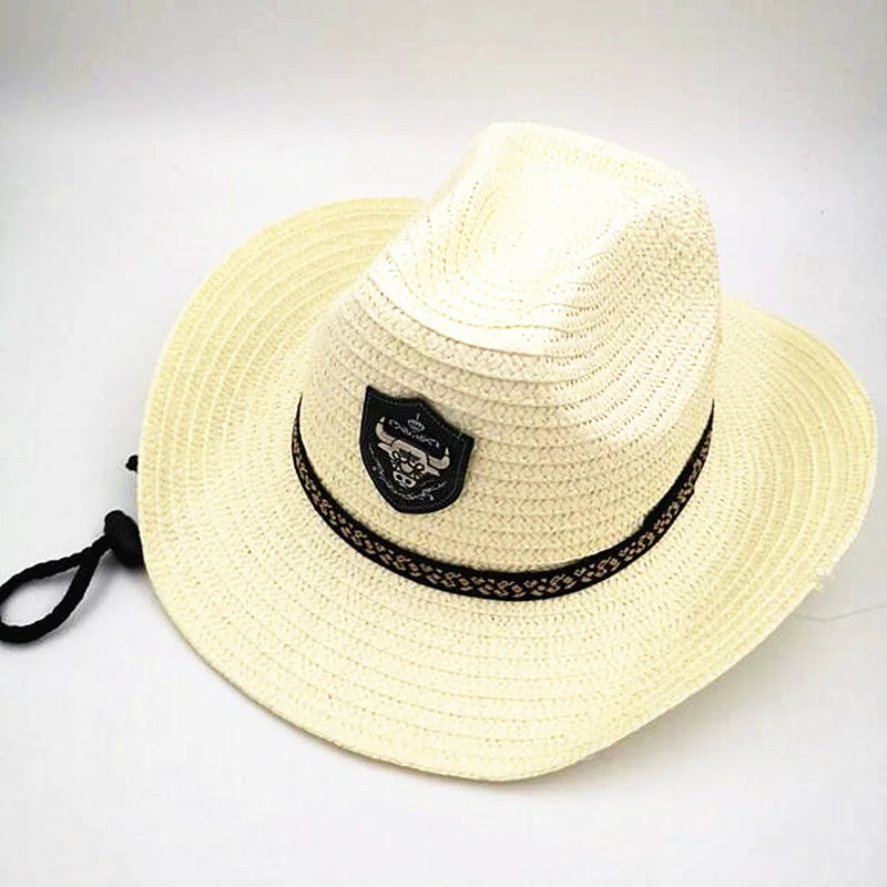 Summer Men Bull Badge Cowboy Straw Sunhat With Rope Fedora