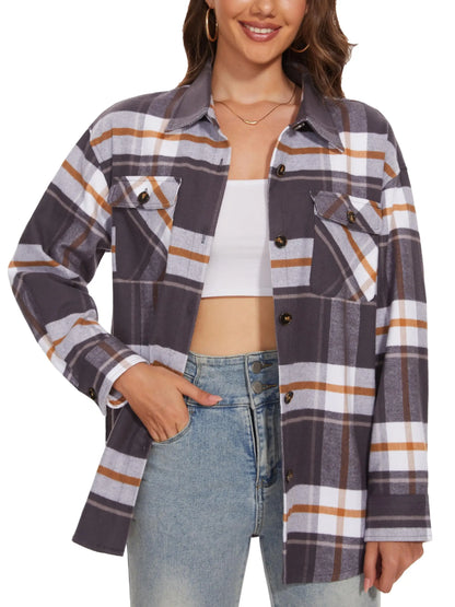 Women's Flannel Plaid Casual Button Down Blouse