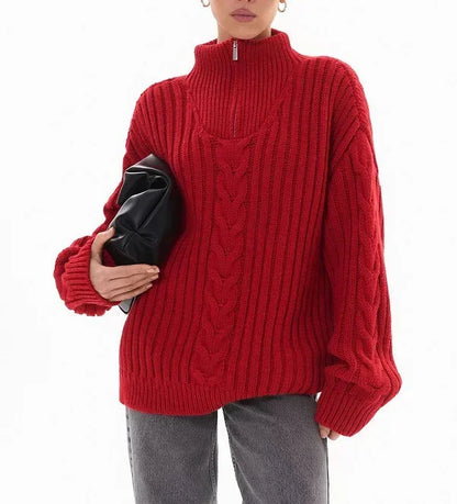 Red Sweater Women Zipper Jacquard Turtleneck Casual Jumper