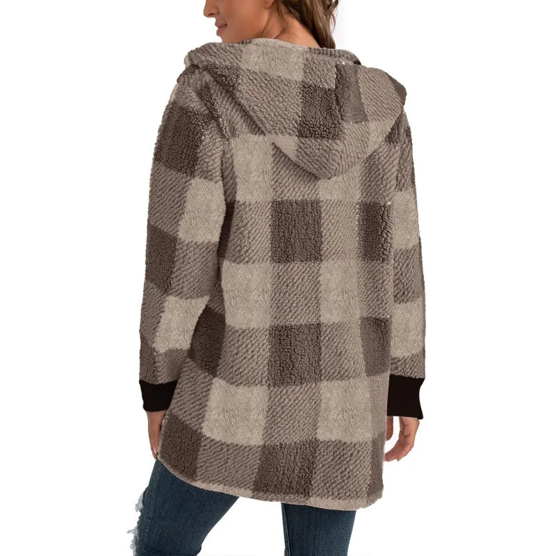 Women Autumn Winter Double Fleece Plaid Cardigan Soft Loose Long Sleeve Plush Warm Hooded Jacket