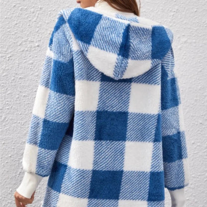 Women Autumn Winter Double Fleece Plaid Cardigan Soft Loose Long Sleeve Plush Warm Hooded Jacket