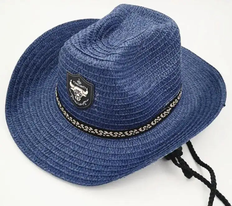 Summer Men Bull Badge Cowboy Straw Sunhat With Rope Fedora