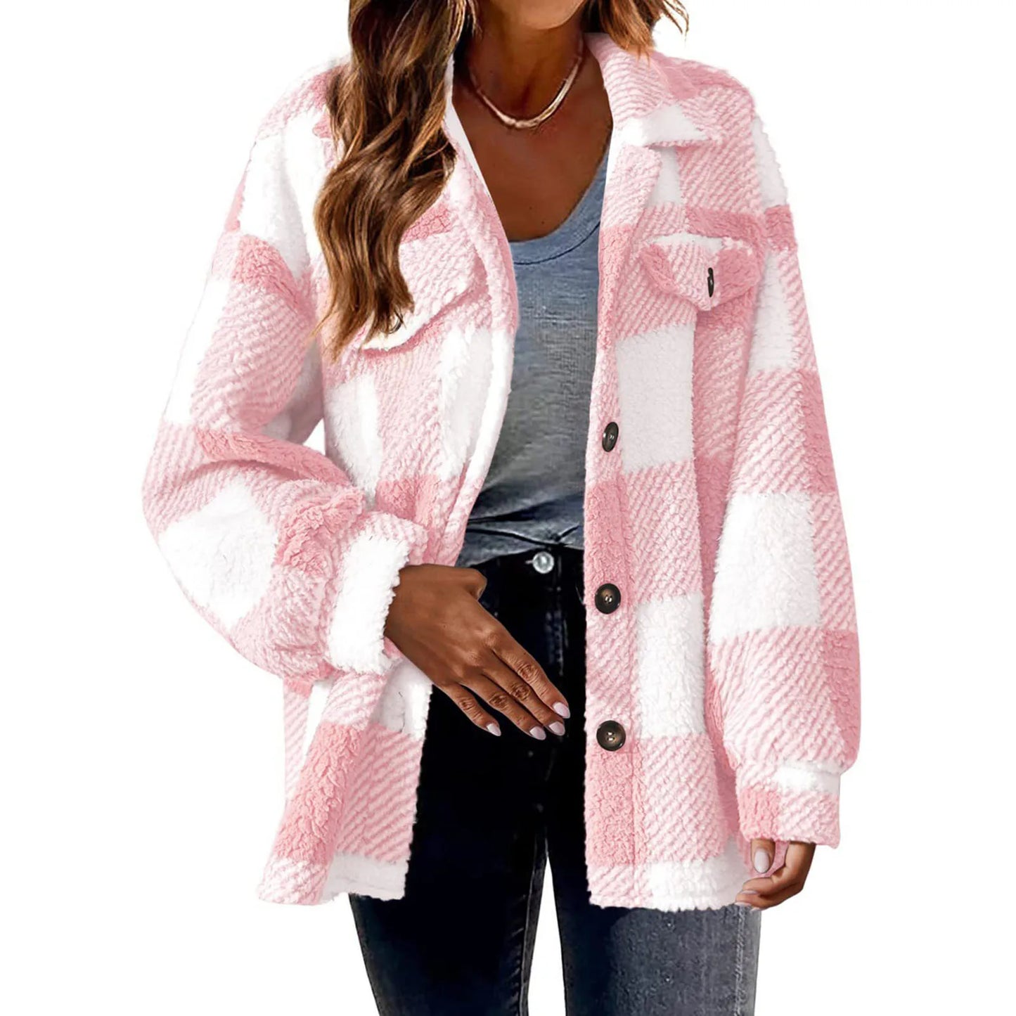 Winter Lady Coat Contrast Color Plush Lined Flannel Jacket