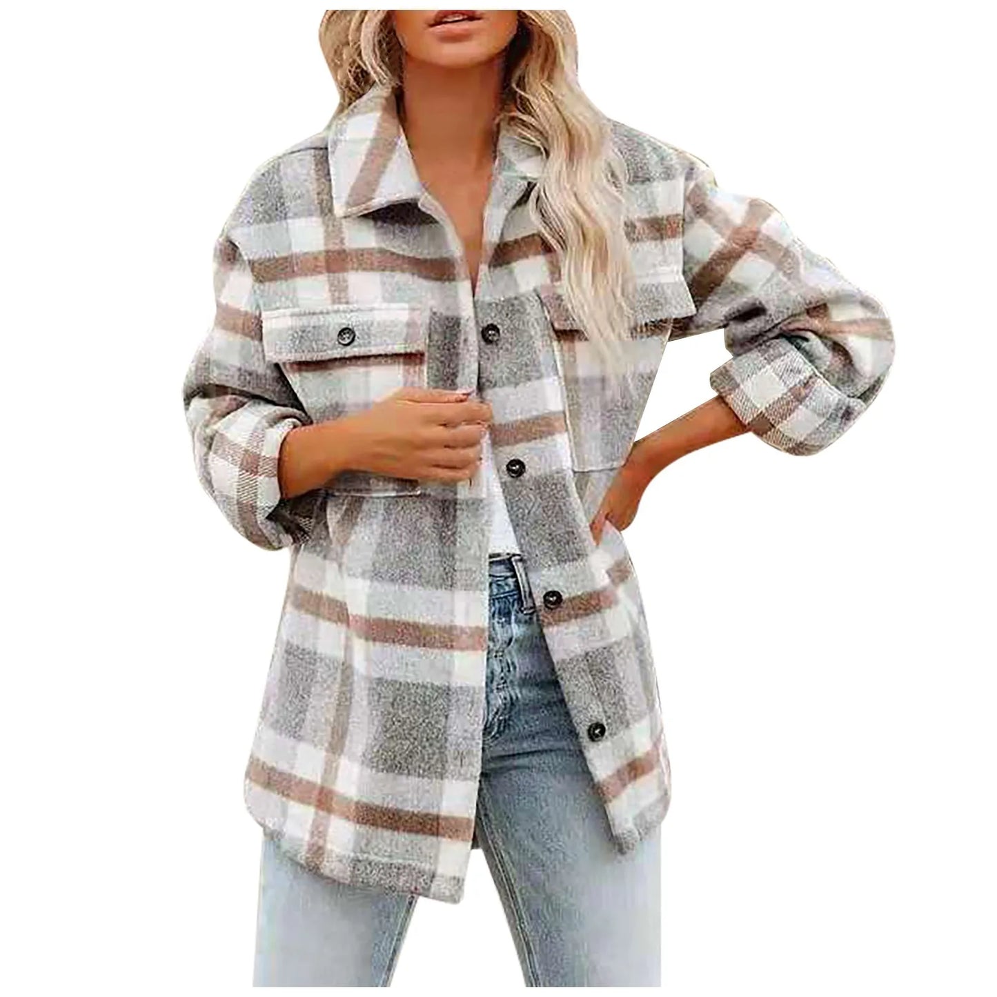 Fall Winter Women's Flannel Plaid Shacket Jacket with Pockets