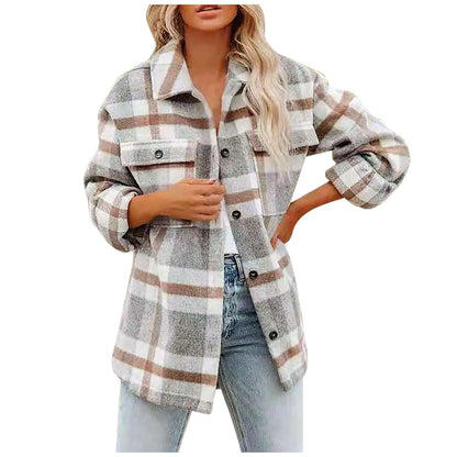 Fall Winter Women's Flannel Plaid Shacket Jacket with Pockets