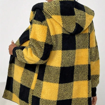 Women Autumn Winter Double Fleece Plaid Cardigan Soft Loose Long Sleeve Plush Warm Hooded Jacket