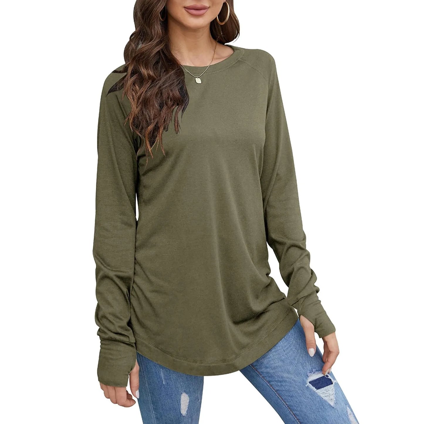 Women's T-Shirt Solid Round Neck Loose Long Sleeve Top