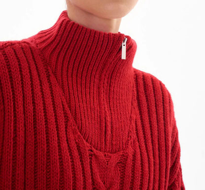 Red Sweater Women Zipper Jacquard Turtleneck Casual Jumper