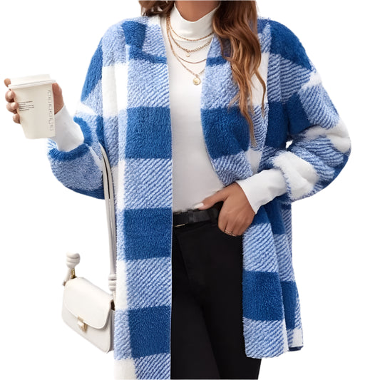 Women Autumn Winter Double Fleece Plaid Cardigan Soft Loose Long Sleeve Plush Warm Hooded Jacket