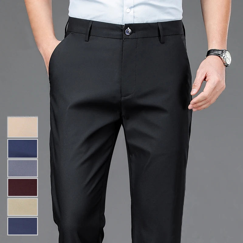 Male Pants Stretch Solid Black Smart Casual Trousers