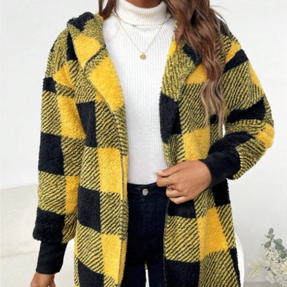 Women Autumn Winter Double Fleece Plaid Cardigan Soft Loose Long Sleeve Plush Warm Hooded Jacket