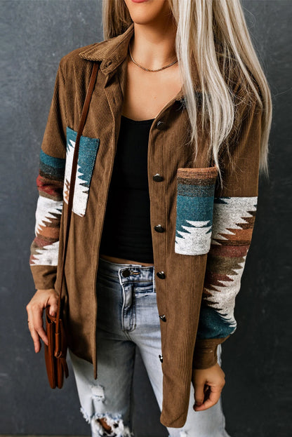 KHALEE YOSE Khaki Aztec Corduroy Jacket Boho Long Sleeve