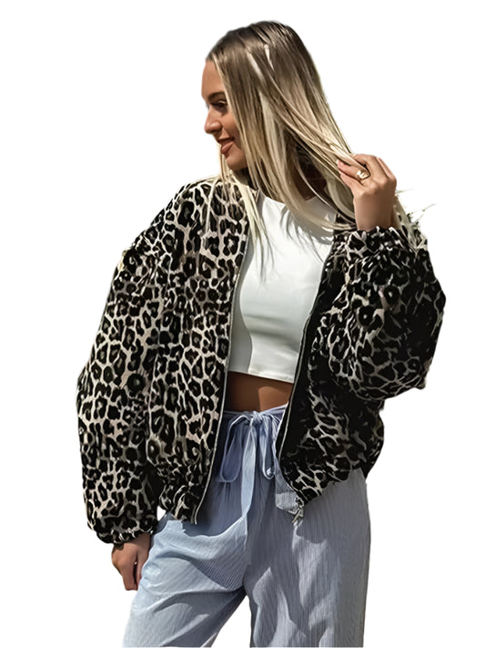 Leopard Printed Jacket Women Turn-down Collar Full Sleeve Zipper