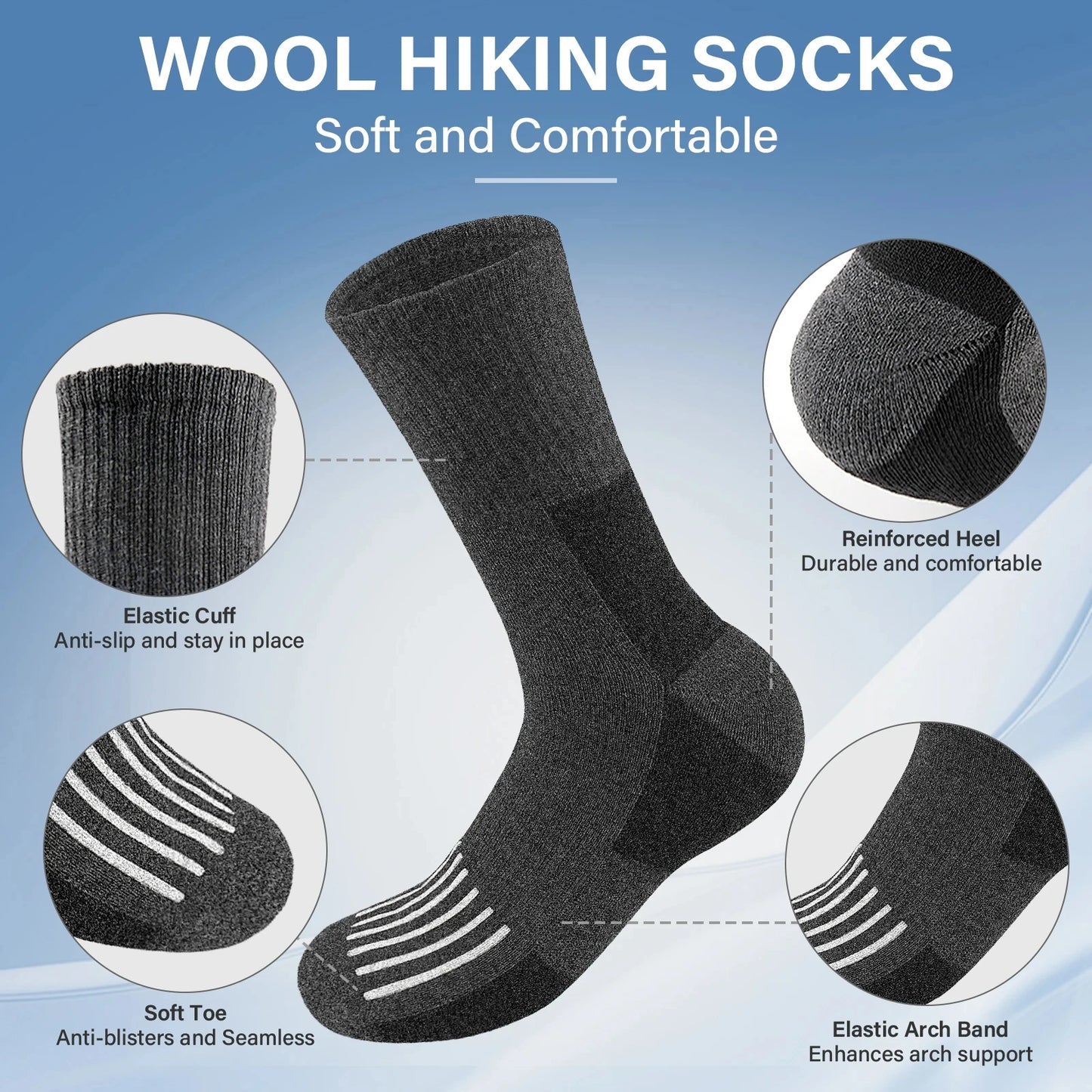 5 Pairs Merino Wool Socks Men's Hiking Crew Winter Socks