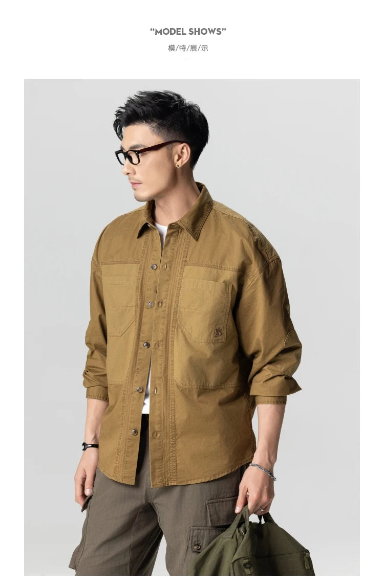 Men American Retro Splice Pure Cotton Casual Long Sleeve Shirt