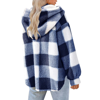 Plaid Print Women Hooded Plush Jacket Winter Cozy Coat