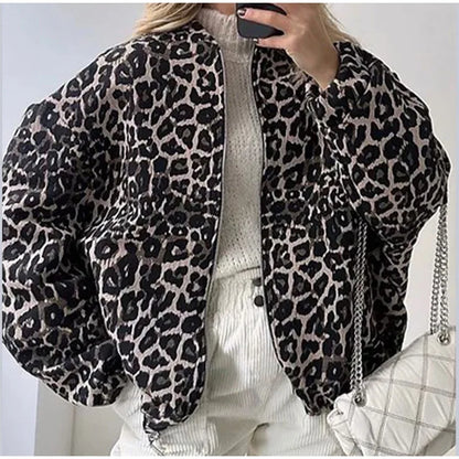 Leopard Printed Jacket Women Turn-down Collar Full Sleeve Zipper