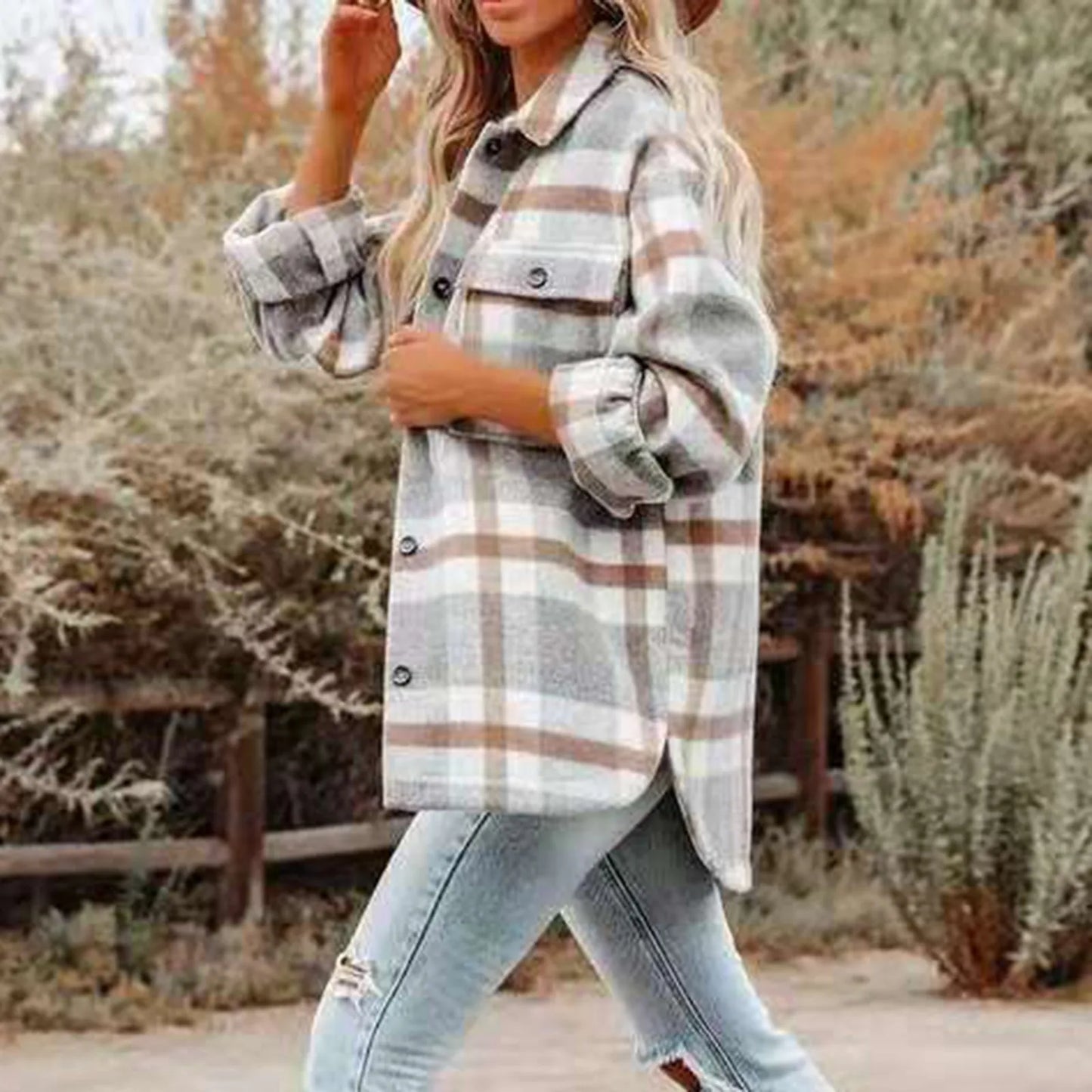 Fall Winter Women's Flannel Plaid Shacket Jacket with Pockets