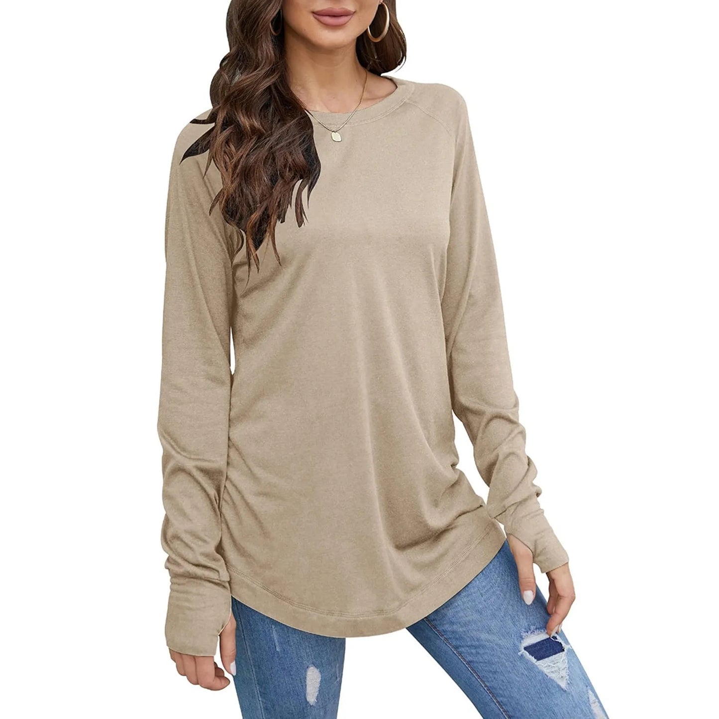 Women's T-Shirt Solid Round Neck Loose Long Sleeve Top