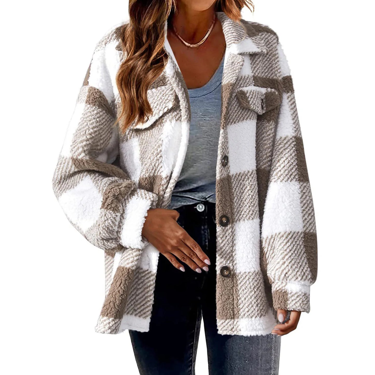 Winter Lady Coat Contrast Color Plush Lined Flannel Jacket